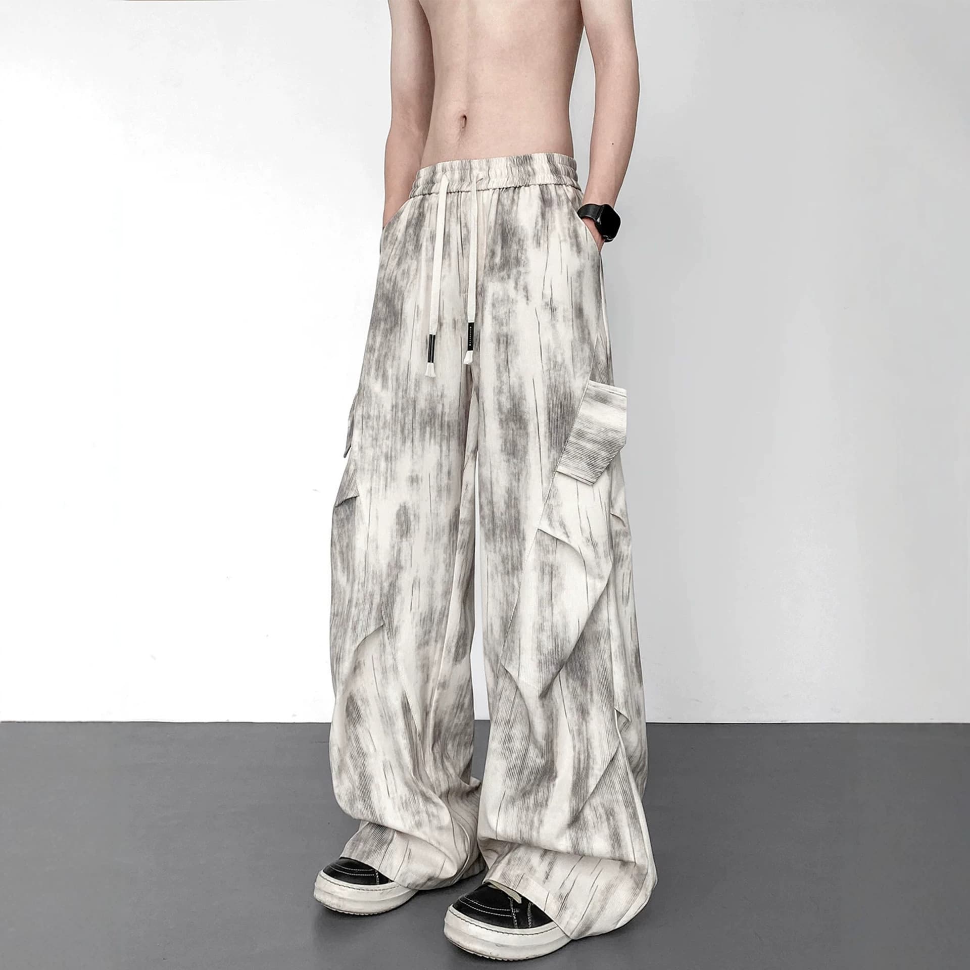Smudge-dyed ice silk overalls for men in summer, thin, loose, wide-leg, cool pants, trendy brand, American drapey casual trousers