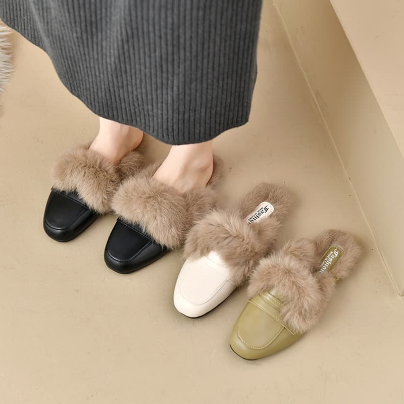 Flat Bottom Fleece-Lined Closed-Toe Rabbit Fur Slippers for Women 2024 Autumn Winter New Style Plush Cotton Slippers Half-Closed Toe Shoes