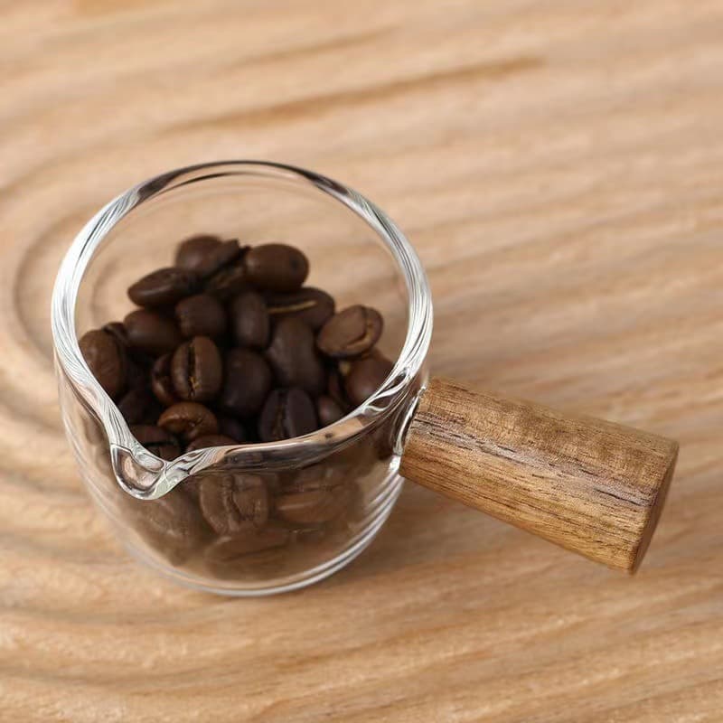 Creative wooden-handled mini milk jug, glass mini milk pot, sauce dish, wooden-handled milk jug, mini condiment dish, coffee set