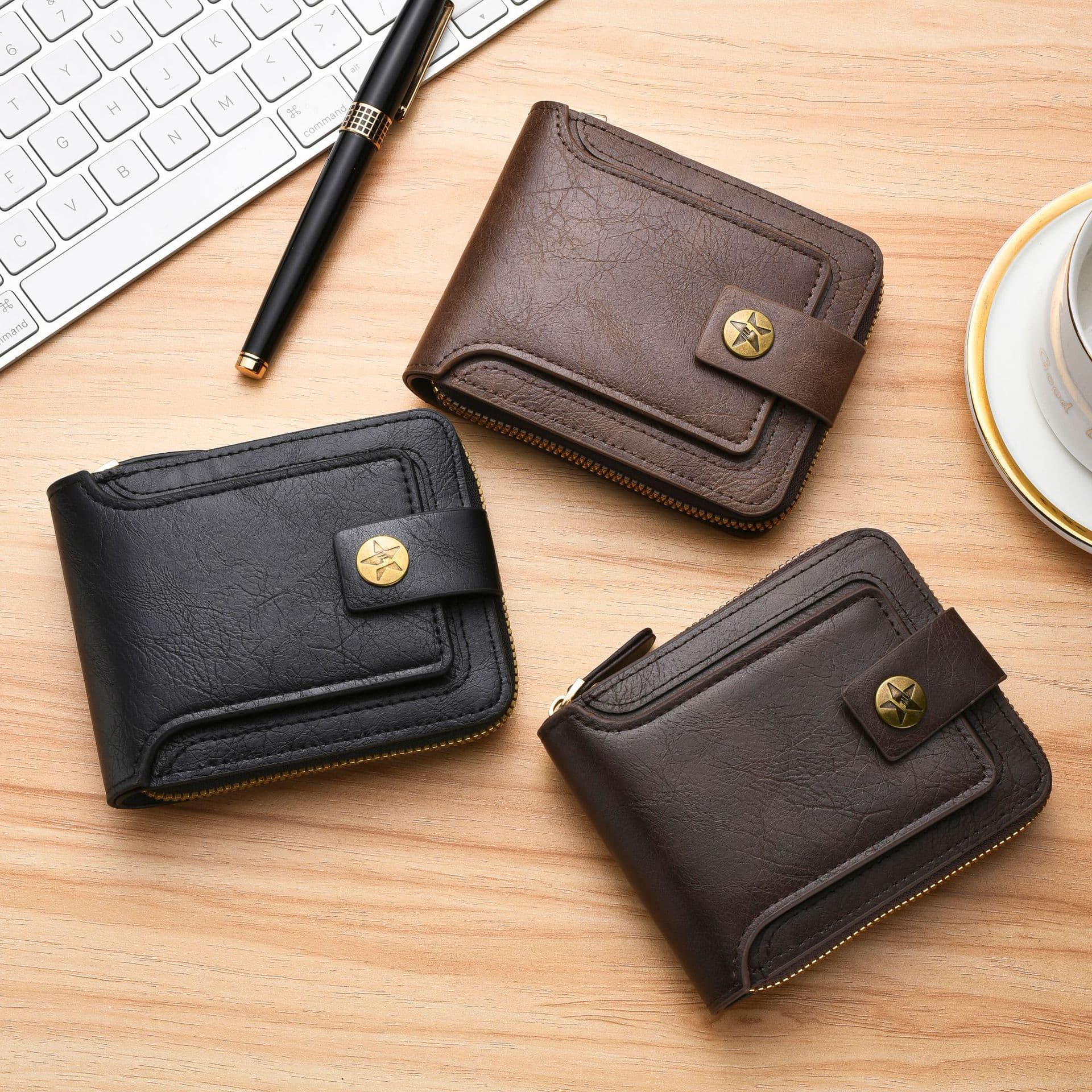 2024 Men's Wallet Short Retro Fashion Zipper Bag Multiple Card Slots Wallet Large Capacity Popular Card Holder