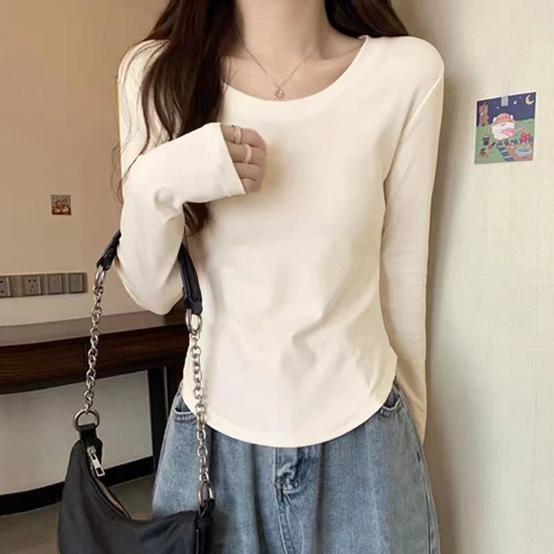 Pure Cotton Long Sleeve T-Shirt Women Early Autumn Design Thin round Neck Base Shirt Fresh Sweet Style College Fashion Trend