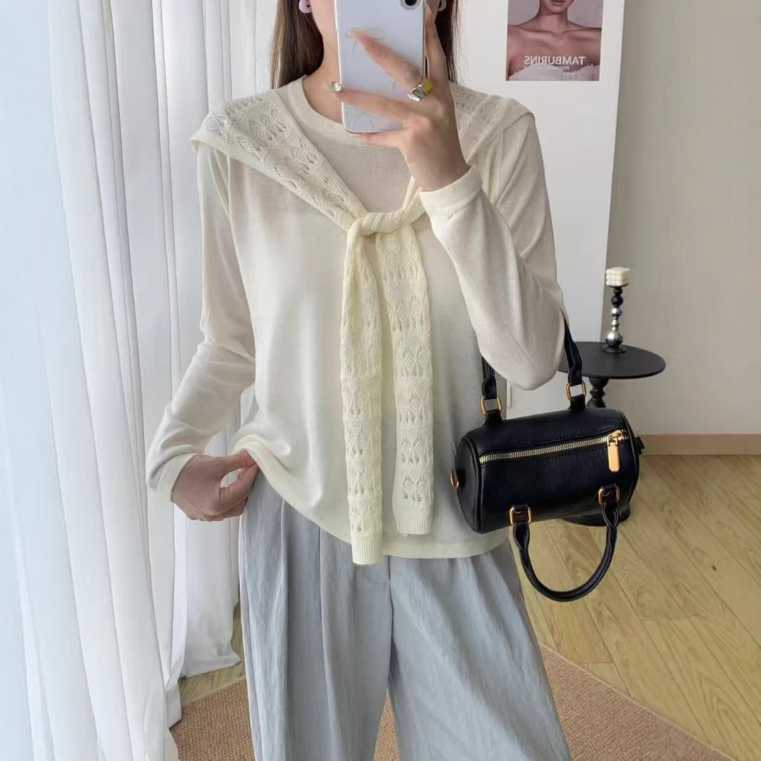 Really designed two-piece wool suit for women, cable shawl + round neck knitted bottoming shirt, autumn and winter shawl two-piece set