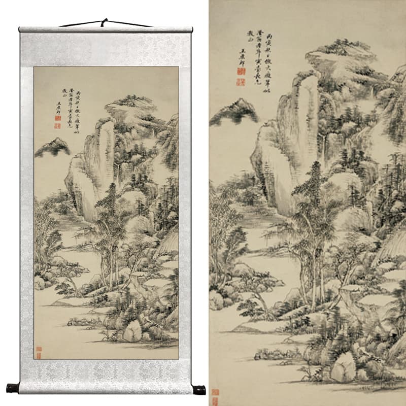 Original reproduction of ancient landscape painting, living room decorative painting, Chinese painting for dining room, entrance wealth-attracting office scroll hanging