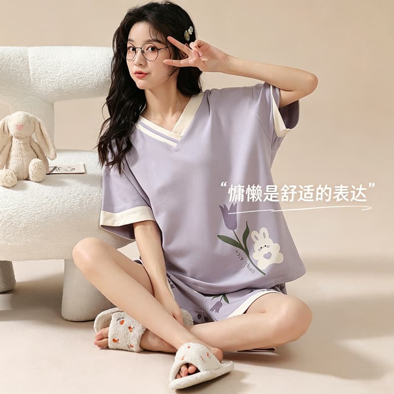 Women's Cotton Pajama Set Short Sleeve Shorts 2026 New Summer Loungewear Sleepwear Homewear