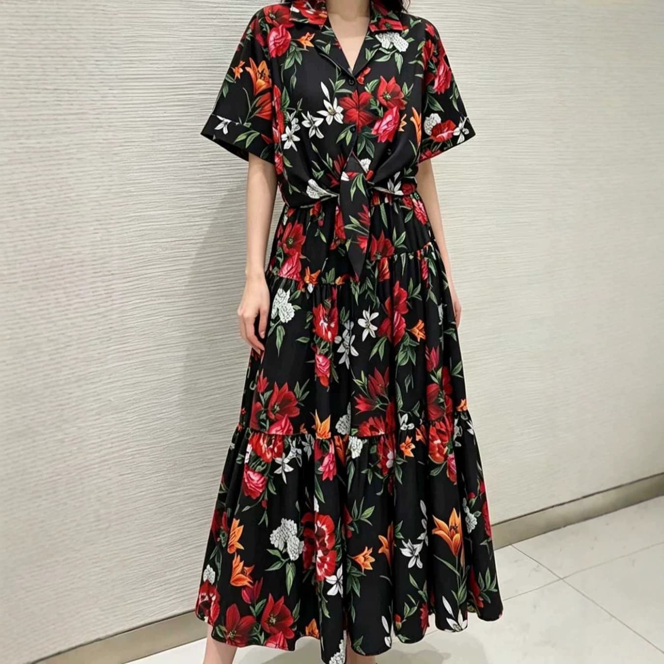 Vacation suit shirt 2-piece set 2026 autumn women's short-sleeved printed loose shirt straps + high-waisted skirt set