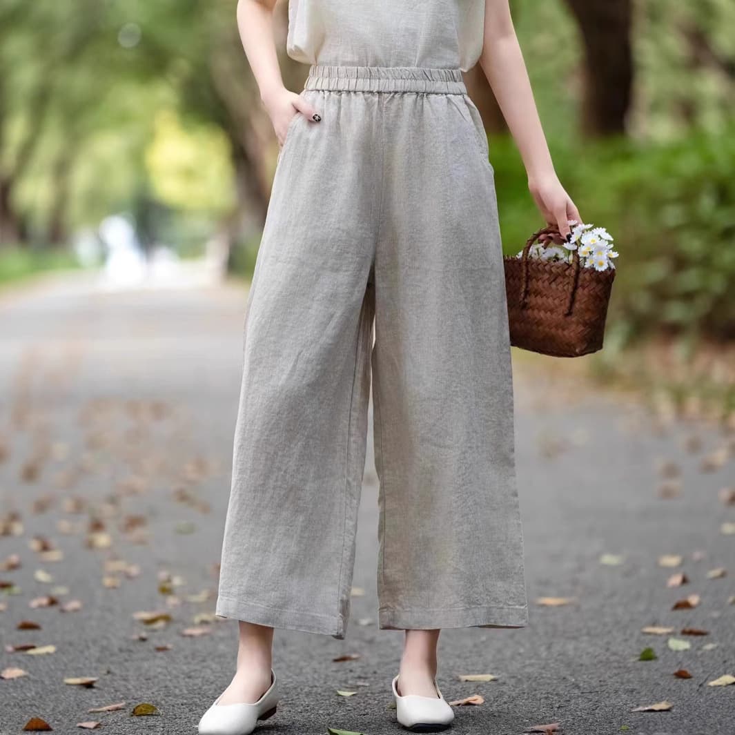 2025 Summer Sandwashed Thick Linen Wide-Leg Pants for Women, Elastic Waist, Solid Color, Loose Fit, Ankle-Length Straight-Leg Pants, Elegant Commuter Linen