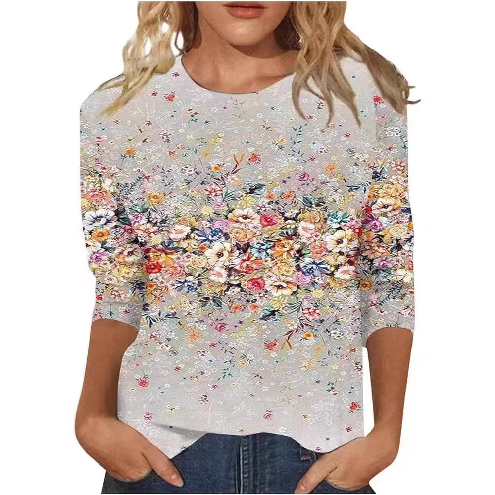 2026 Spring and Summer New Amazon Cross-Border Women's Clothing Fashionable Printed Three-Quarter Sleeve Loose Round Neck Casual T-Shirt Top