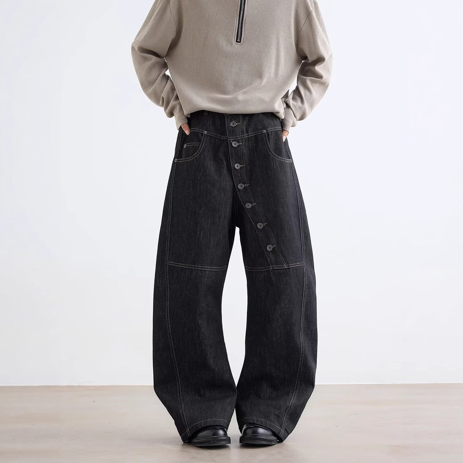 Plus-Size American Retro Design Curved Long Button Denim Jeans for Men and Women, New Trendy Brand Silhouette Curved Long Pants