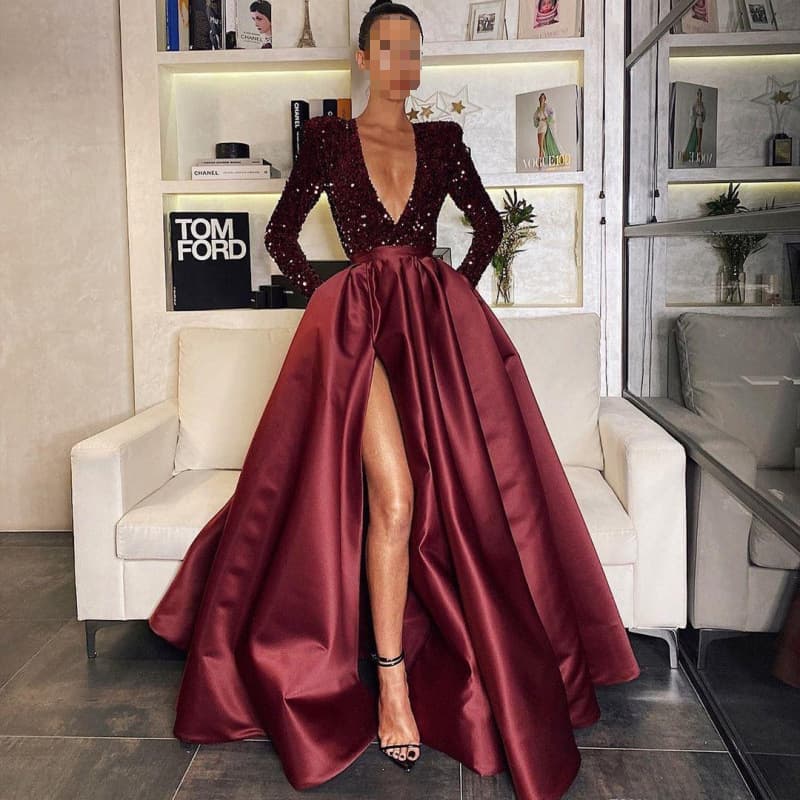 2025 European and American New Women's Sexy One-Shoulder Long Sleeve Sequin Neckline Flared Sequined Split Long Evening Dress