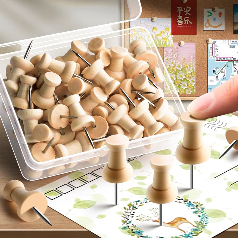 Boxed Natural Wood Thumbtacks Felt Wall Soft Cork Board Wooden Push Pins Kindergarten Message Board T-Pins Push Pins