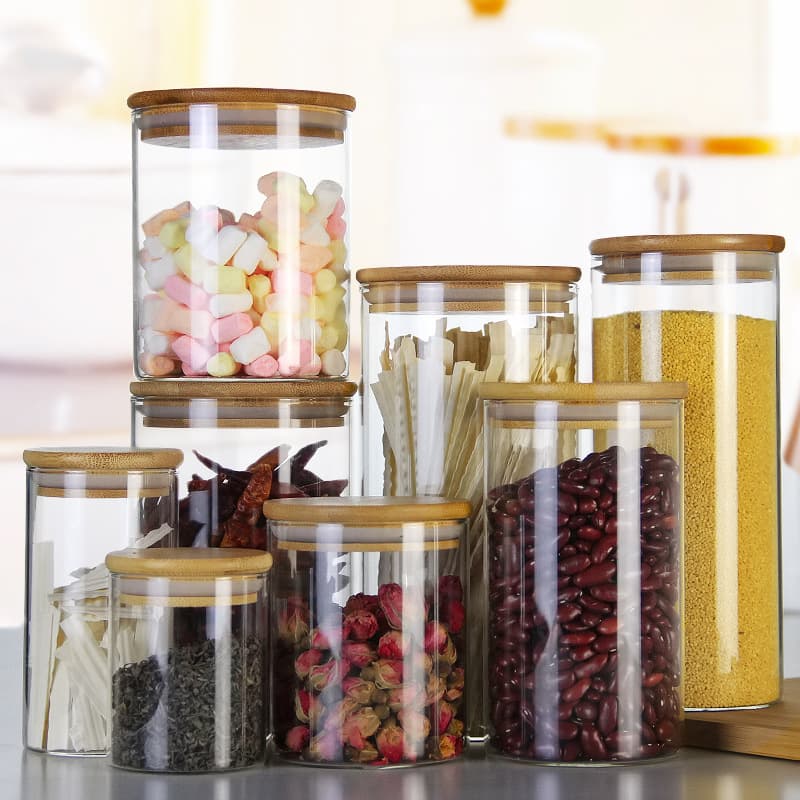 Kitchen Sealed Storage Glass Jar Transparent Round Bamboo Lid Grains Tea Packaging Container Food Tangerine Peel Storage Canister