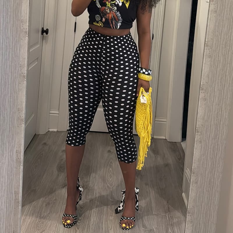 J26PT151 Cross-border European and American Women's New Fashion Versatile Polka Dot Print Mid-Rise Skinny Casual Capri Pants