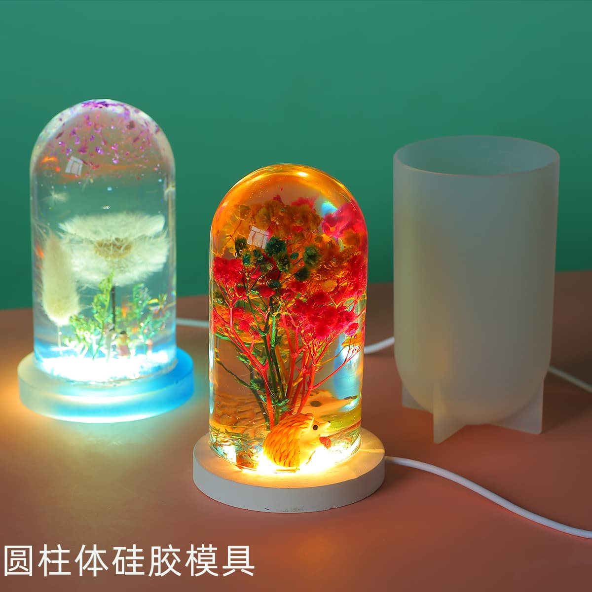 DIY Resin LED Night Light Ornament Dried Flower Specimen Mold Spherical Lamp Base Silicone Mold Micro Landscape Cylinder