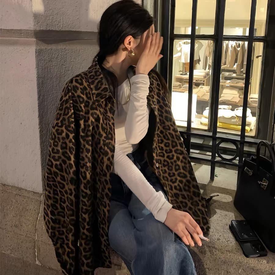 【Twill Brushed Fabric】2026 Spring/Autumn New Trendy Leopard Print Retro Loose Long-Sleeve Shirt