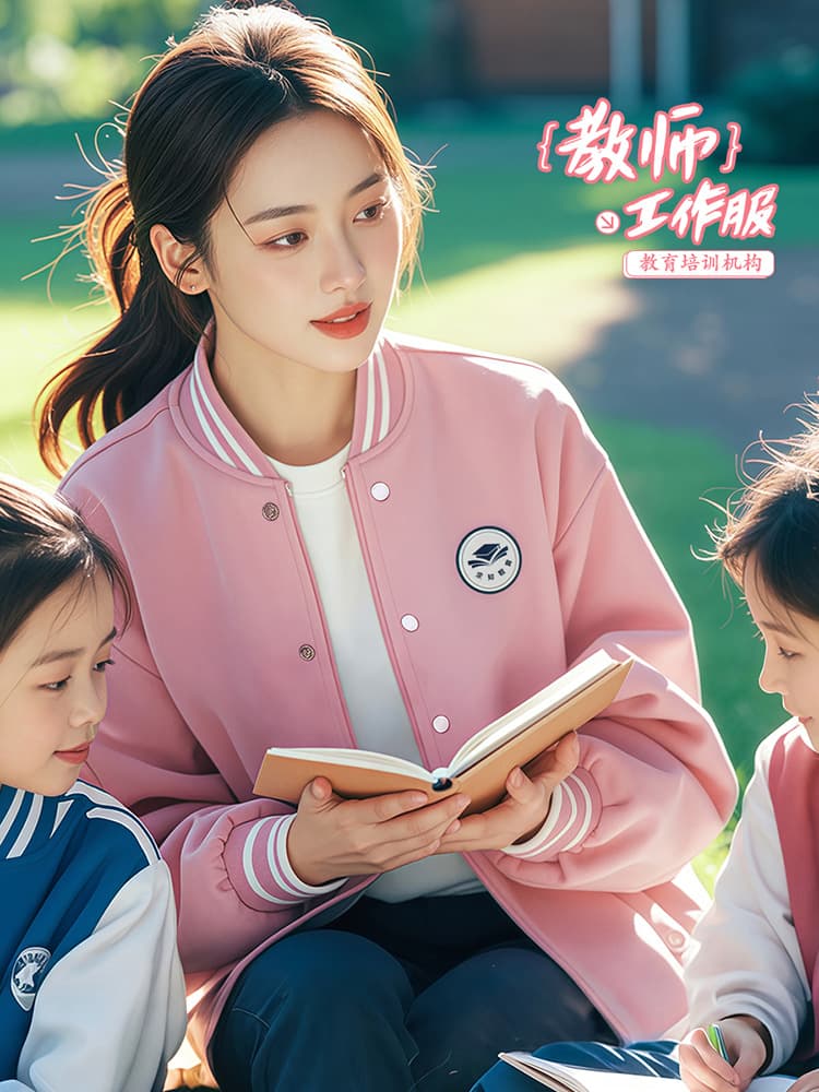 Pink kindergarten teacher workwear long-sleeve custom training institution enrollment promotion hoodie baseball jacket autumn/winter style