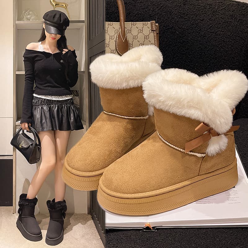 Fleece-Lined Thick Snow Boots Slip-On 2025 Winter New Thick Sole Fluffy Collar Warm Plus Size Cotton Shoes Wholesale