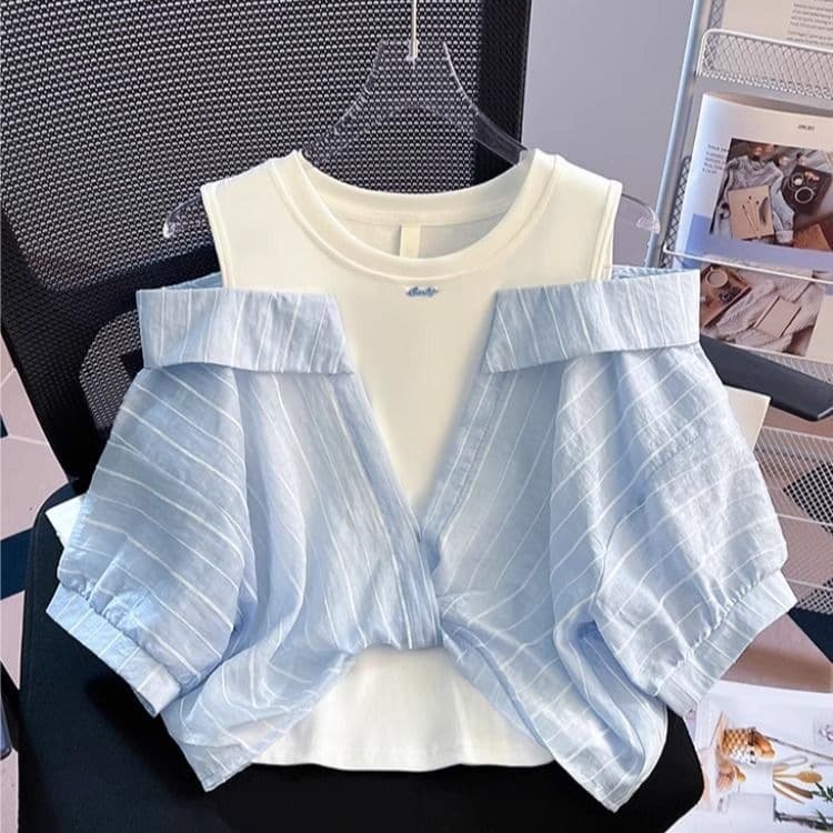 Girls' Stylish Loose-Fit Blouse 2026 New Style for Older Kids Off-Shoulder Top T-Shirt Faux Layered Top
