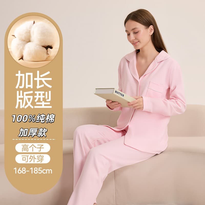 Long Style Autumn/Winter Pajamas for Women 100% Cotton Tall Plus Thick Homewear Student Loungewear Set Wearable Outside