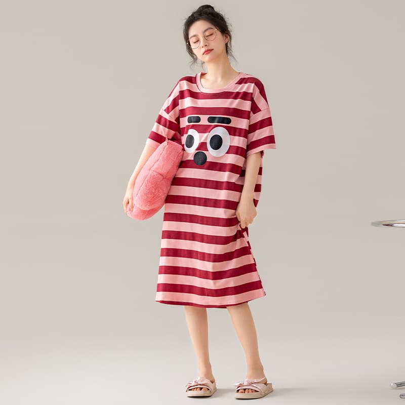 Women's Summer Cotton Short-Sleeve Thin Nightgown Loose Plus Size Maternity Sleepwear Striped Loungewear