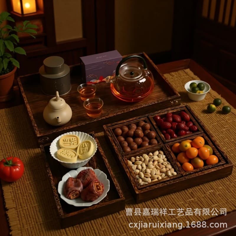 Vintage Multi-Compartment Wooden Tea Tray, Divided Tray, Multi-Grid Tea Tray Set, Dried Fruit Tray, Stove-Side Tea Tray Storage Tray