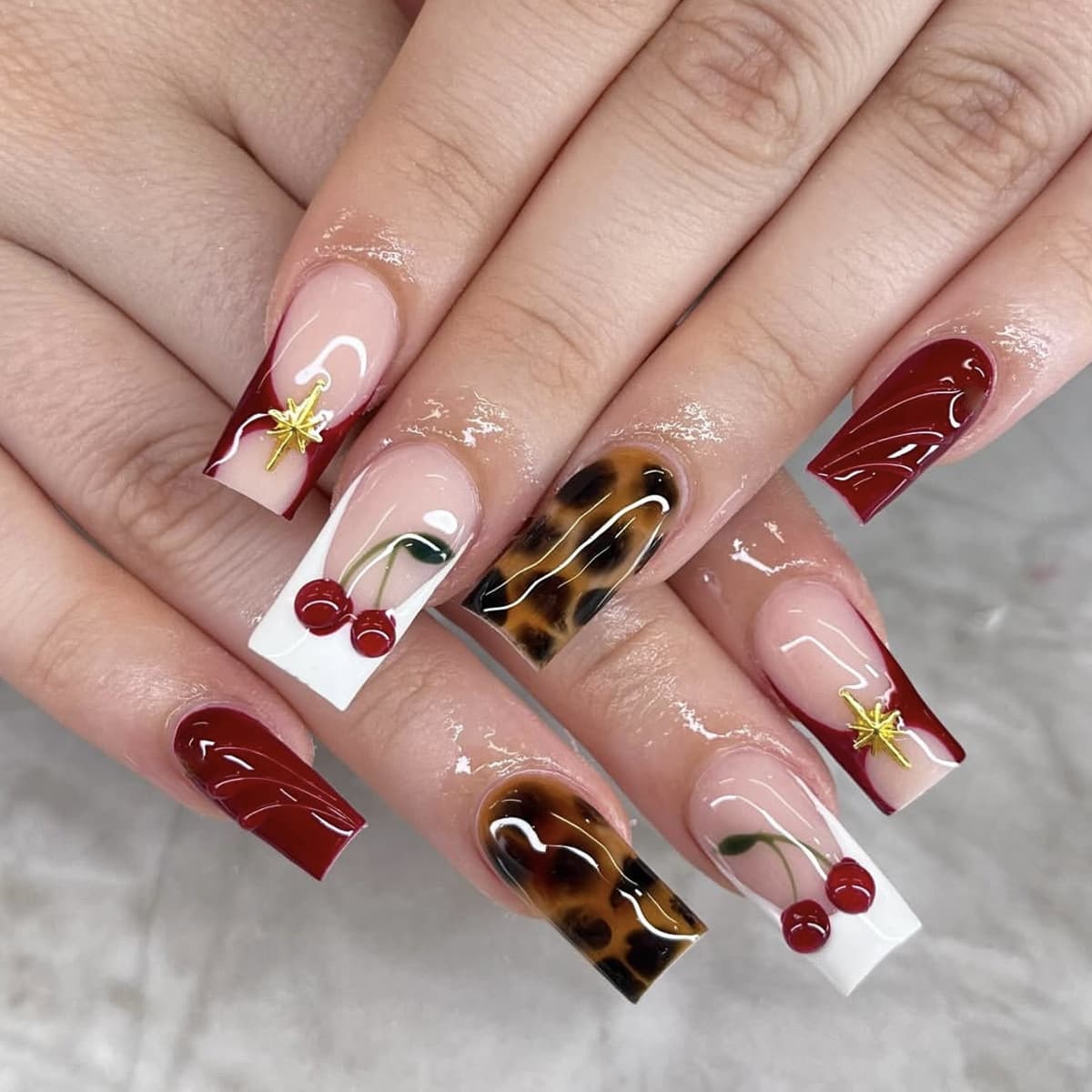 Wearable Nails White French Tip 3D Cherry Name Decoration Detachable Fake Nails Manicure Stickers