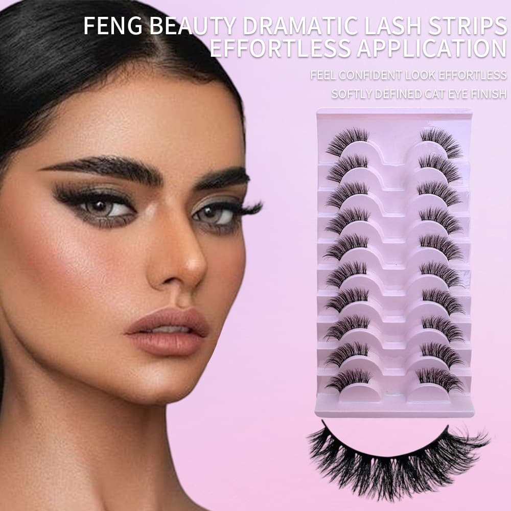 European and American 10-Pair Half Cat Eye False Lashes, Natural Eye Tail Lengthening Style, One-Piece Dense Lashes