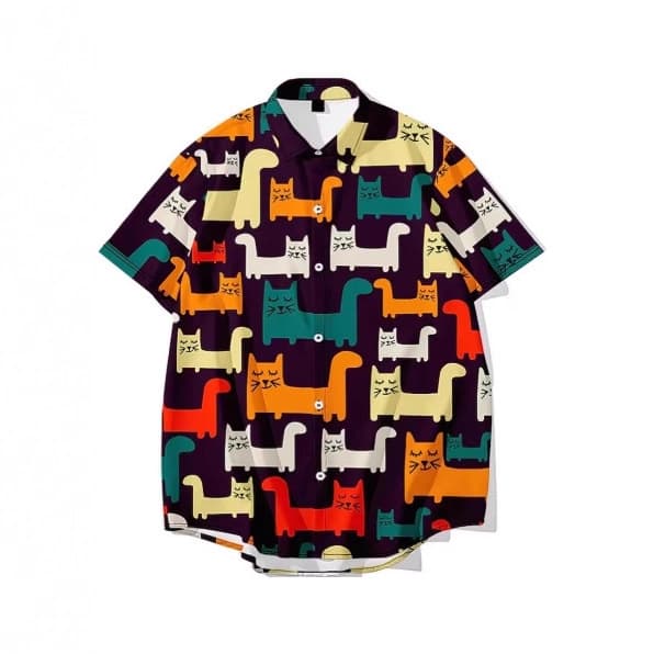 Hawaiian Shirt for Men and Women Short Sleeve with 3D Cat and Animal Print Kawaii Style Beach Shirt