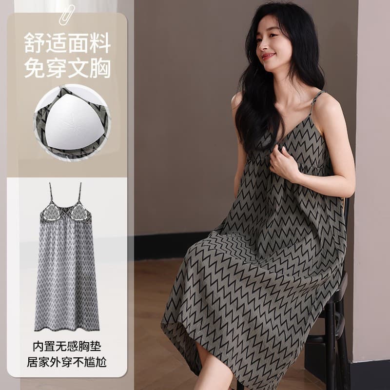 Women's New Summer Sleep Dress with Padded Bra, Cloud Cotton Camisole Dress, Sleeveless Sexy V-Neck Nightgown