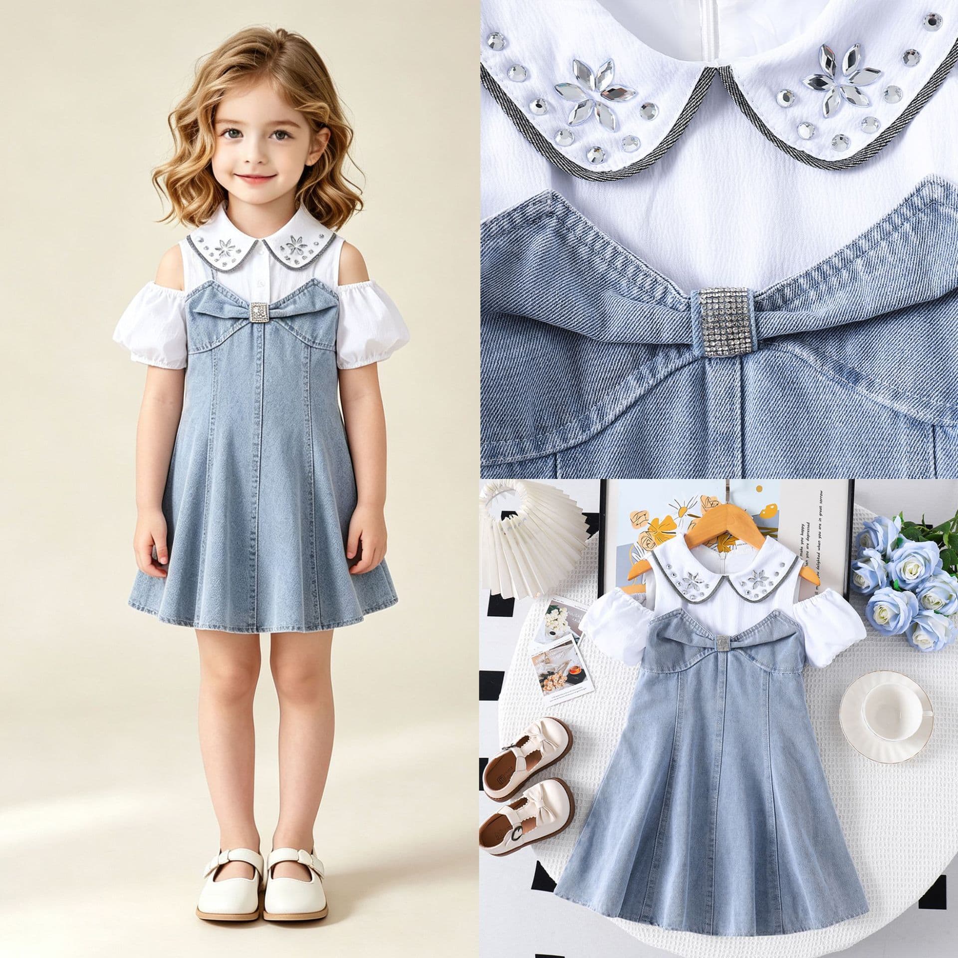 New Hot Selling Girls Denim Dress Summer New Butterfly Princess Dress Children Summer Short Sleeve Dress