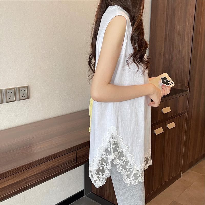 Korean Style Plus Size 300lb Women's Summer Fashion Lace Trim Spliced Sleeveless Vest T-Shirt Top