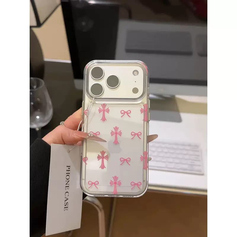 Pink cross suitable for Apple 16 17promax mobile phone case 14 transparent 13pro soft case 11 12 13 fine holes