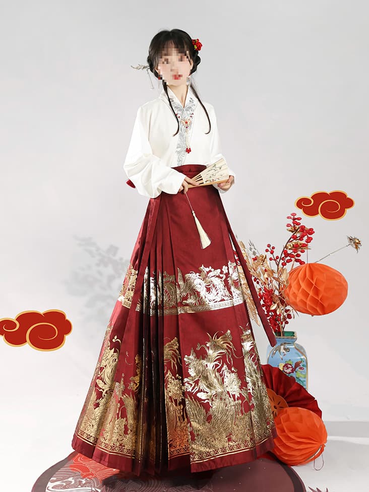 Original Phoenix Soaring and Luan Dancing Ming Style Hanfu Horse-Face Skirt Women Daily Set Woven Gold Imitation Mother-of-Pearl Autumn/Winter