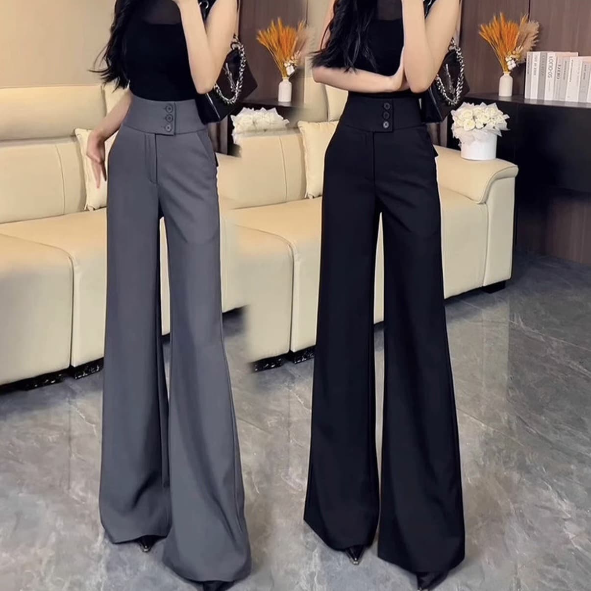 High-end black flared suit pants for women, new spring 2026 style, high-waisted, slimming, floor-length flared pants.