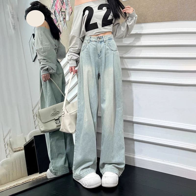 Light blue high-waisted wide-leg jeans for women, new summer style, pleated, loose, flesh-covering, slimming, drapey floor-length mopping pants, trendy