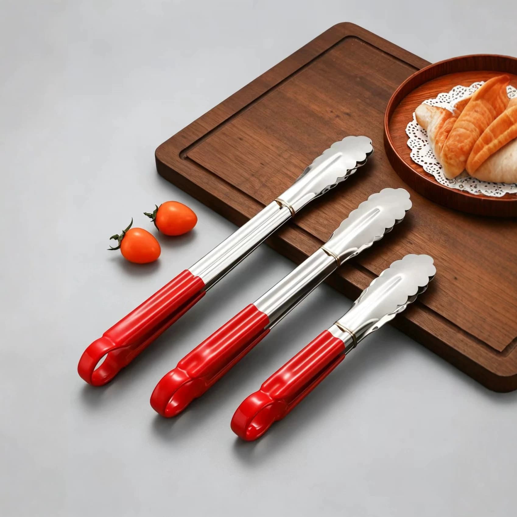 Non-Magnetic Stainless Steel Food Tongs for BBQ, Grilling, Bread, Multifunctional Anti-Slip Red Rubber Handle Heat-Resistant Food Tongs