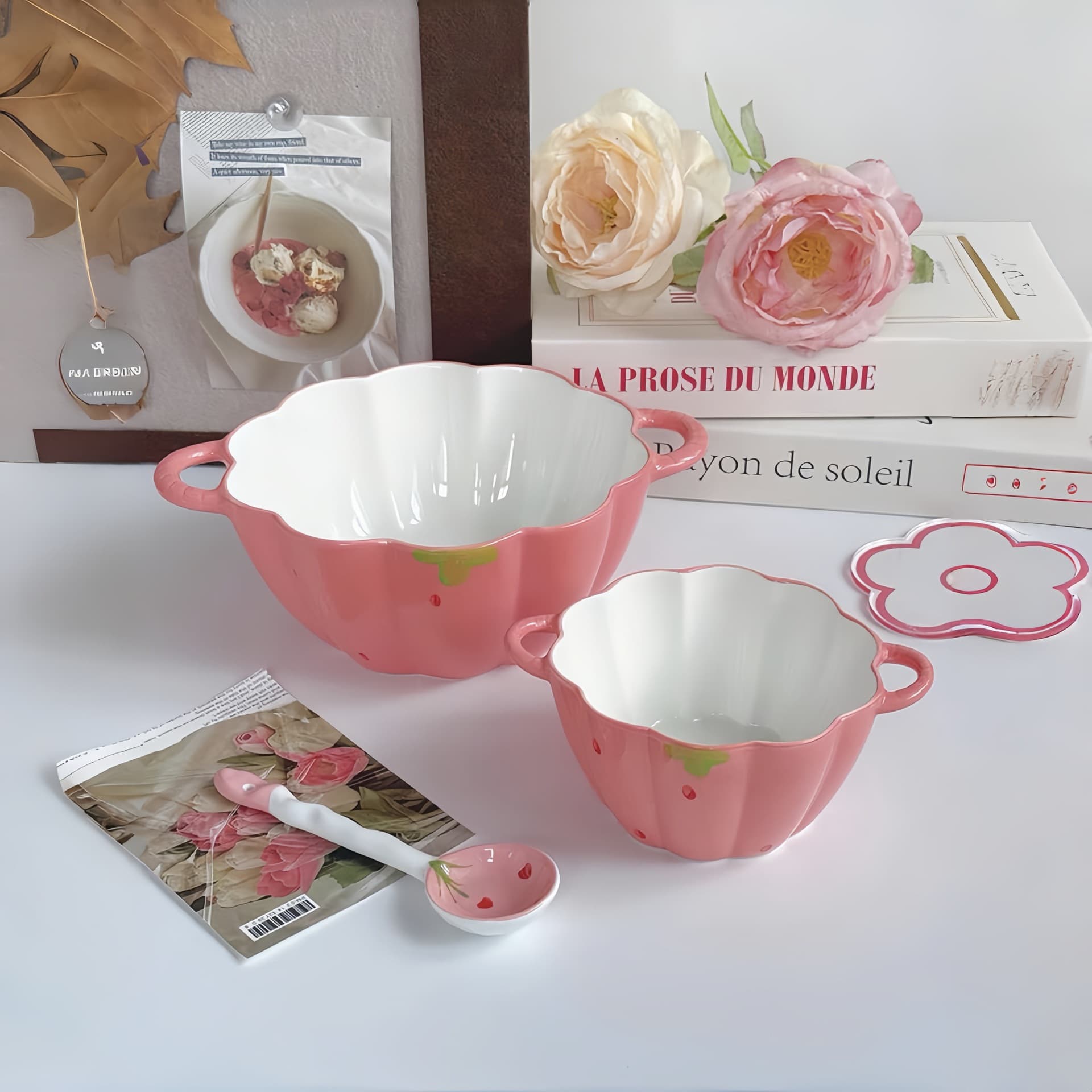 Strawberry Double-Ear Pumpkin Bowl and Spoon Set Pink Cute Fresh Ceramic Bowl Home New Glaze Under Color Fine Tableware
