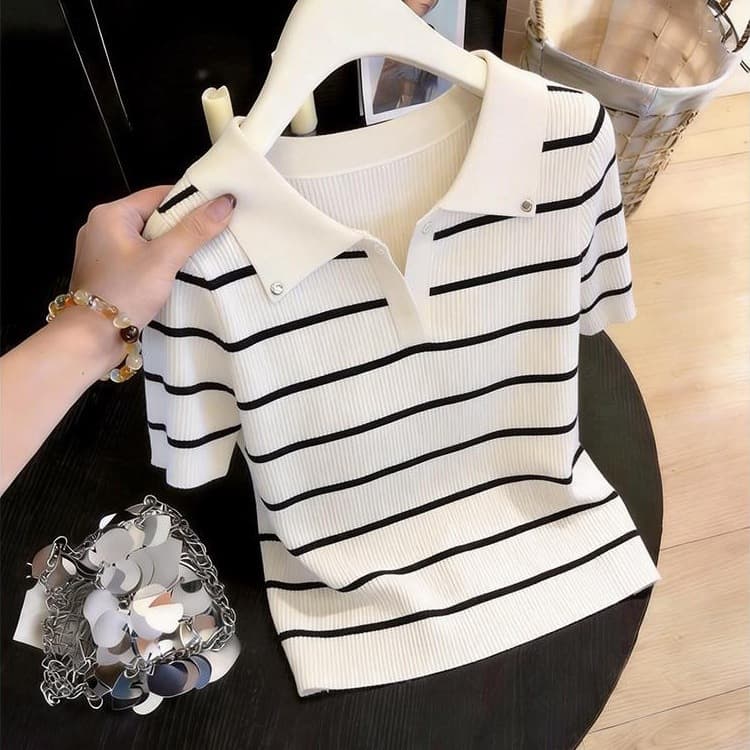 Korean Style Fashionable Striped Patchwork Turn-Down Collar Short-Sleeve Knit Top for Women, 2026 Summer New Model, Super Stylish Outfit Top