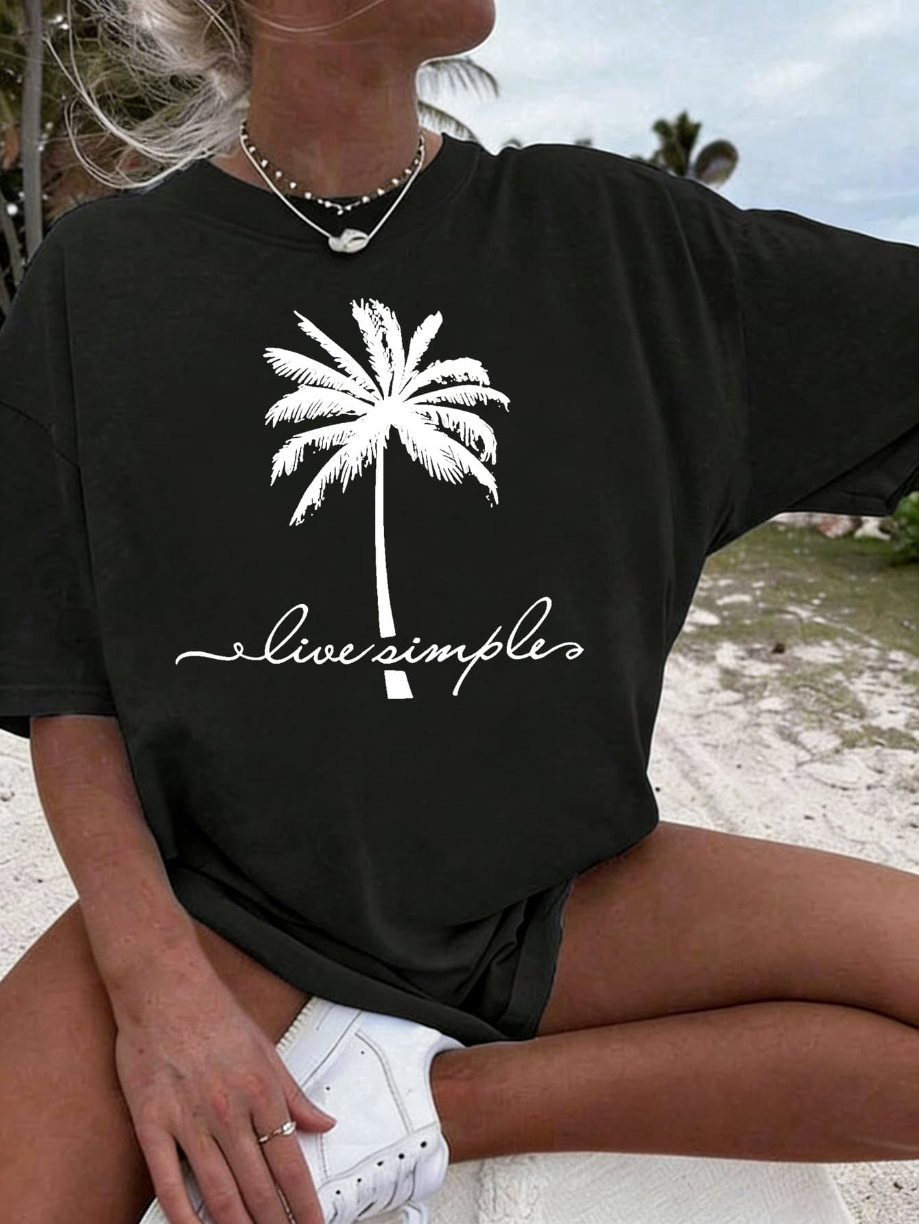 Women's Short Sleeve T-Shirt Vintage American Vacation Palm Tree Top for Amazon