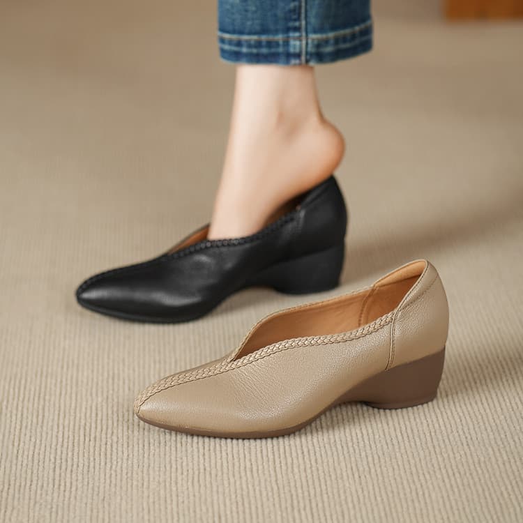 Spring/Autumn New Low Heel Mid-Cut Flats for Women, Fashionable French Vintage High-End Luxury Mother Shoes, Comfortable Genuine Leather Women's Shoes
