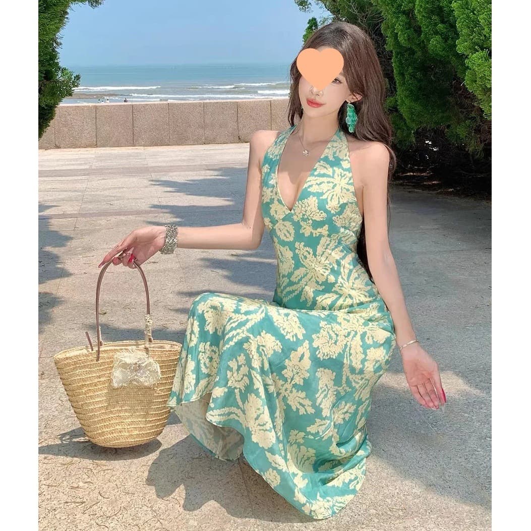 Stunning Beach Dress for Seaside Vacation, French Style Sleeveless Halter Neck Cinched Waist Blue Floral Print V-Neck Backless Maxi Dress
