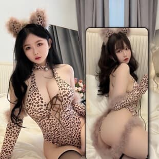 Sexy Lingerie Leopard Print Bodysuit Deep V Tie Seduction Uniform Set Passionate Forbidden Style