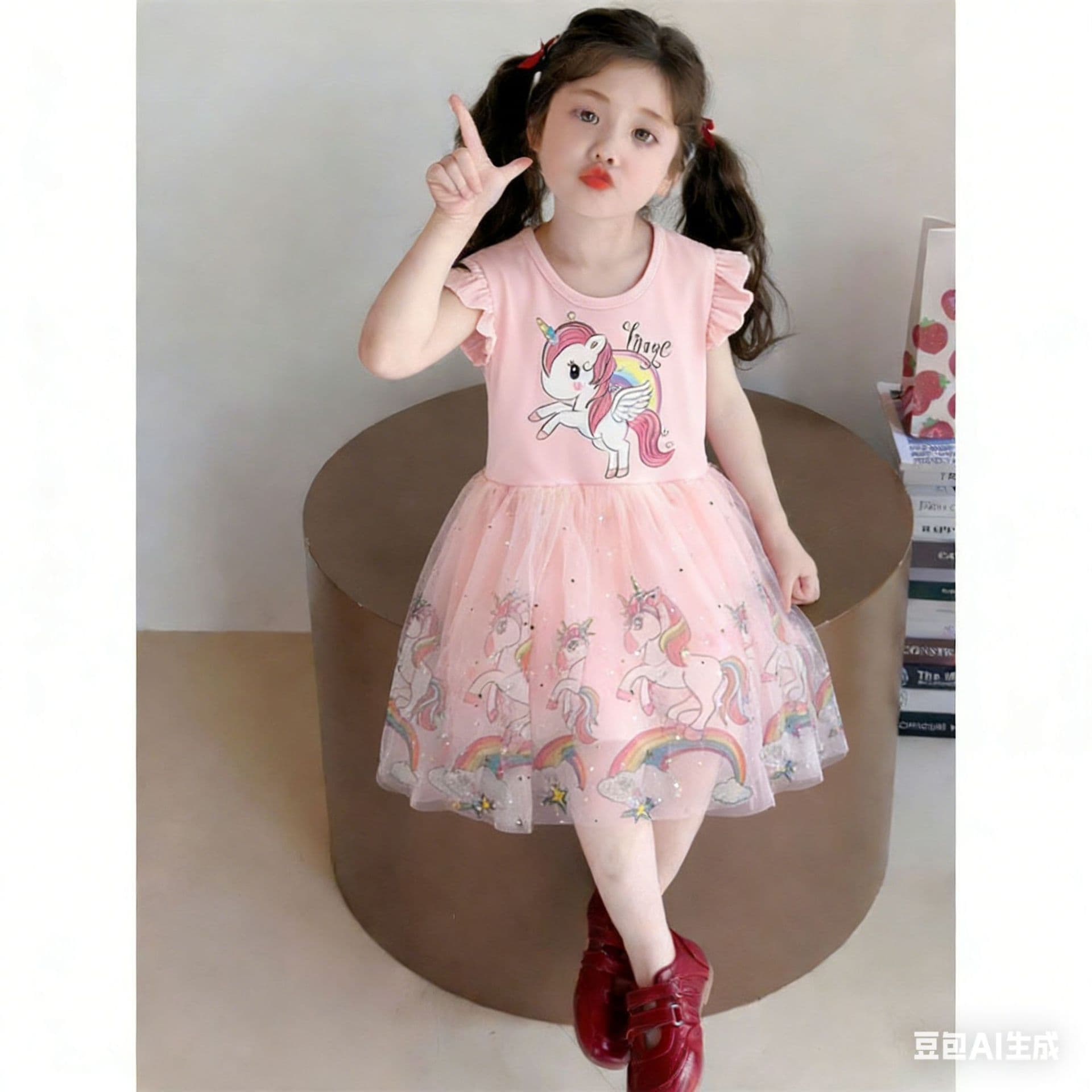 2026 summer new style girls small and medium children unicorn dress fluffy yarn princess dress cotton short sleeve baby trendy