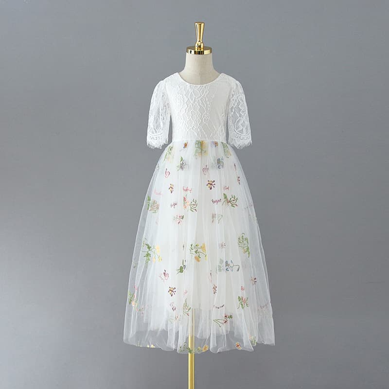 Sweet Princess Style Lace Dress Embroidered Flower Chiffon Long Skirt Graduation Party Evening Gown Children's Casual Wear