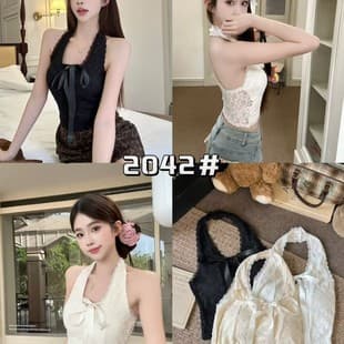 2042# New Bowknot V-Neck Camisole Summer Sweet & Spicy with Built-in Pads, Halter Neck, Slim Fit, Lace Tie