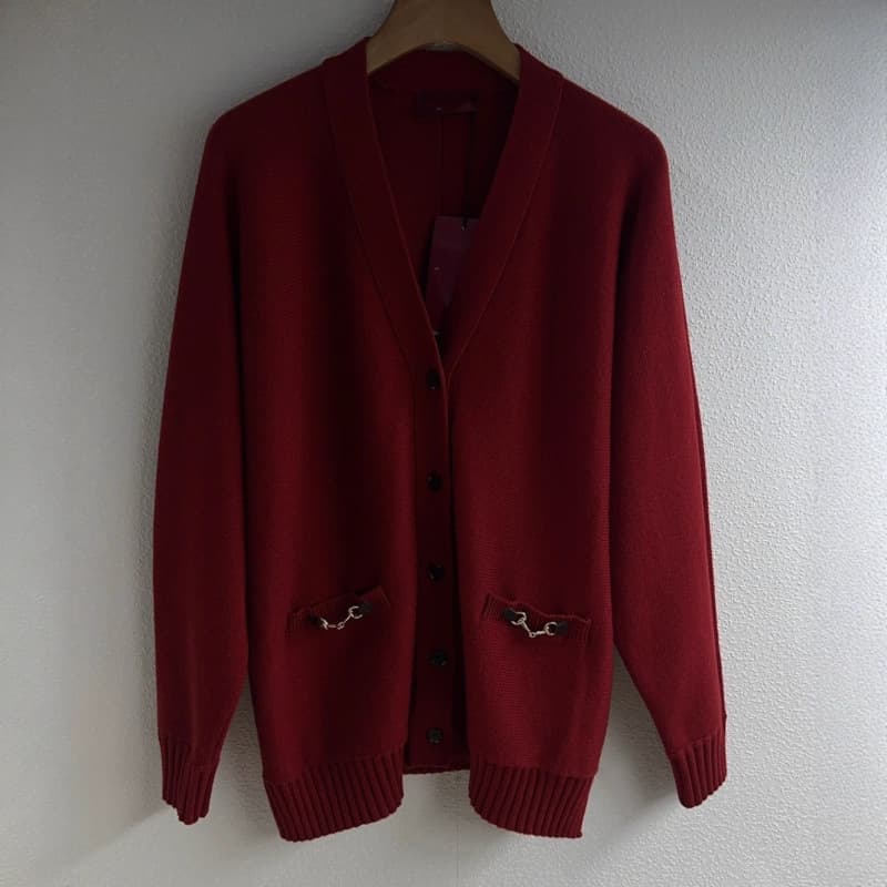 Dingban Nanyou Goods~Top~Level Version Gucci Style Double Pocket V-Neck Knitted Loose Long Sleeve Cardigan