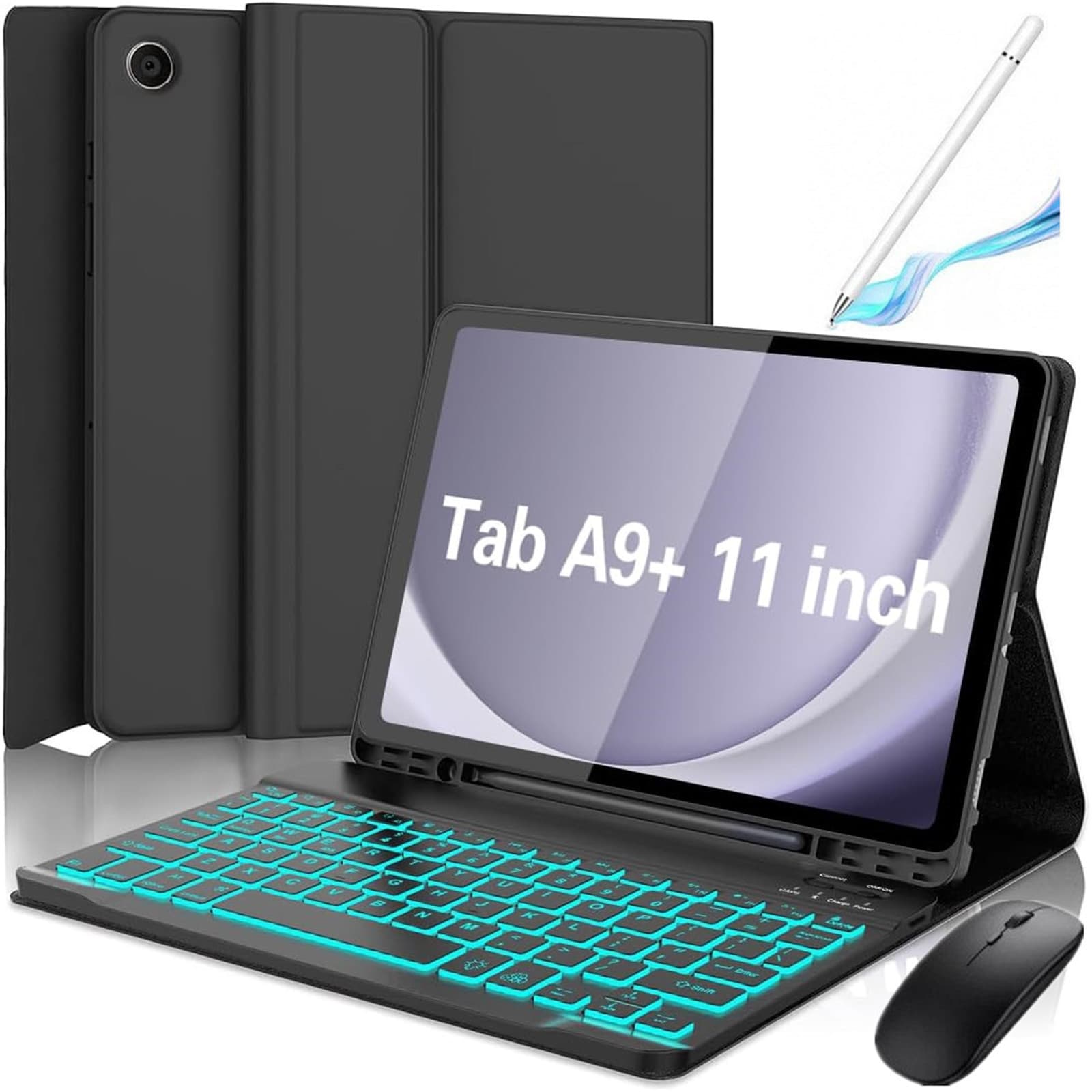 Compatible with Samsung Tab A9+ Plus Rainbow Backlit Bluetooth Keyboard Mouse Set A11+ Pen Slot Leather Case S10 Lite Shell