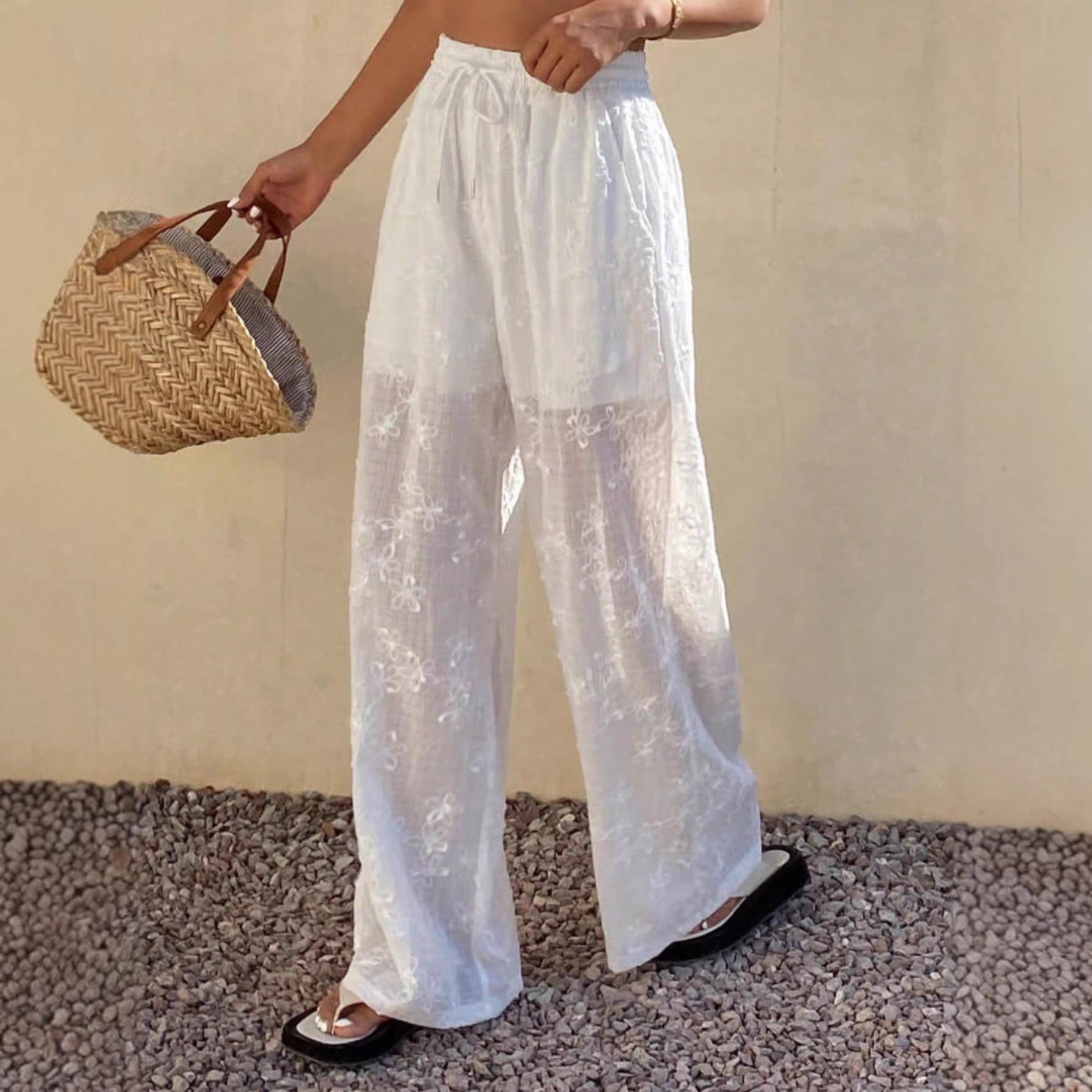 European and American Cross-Border Amazon 2026 Women's Lace Jacquard Drapey Wide-Leg Pants Summer Thin Drapey Wide-Leg Pants