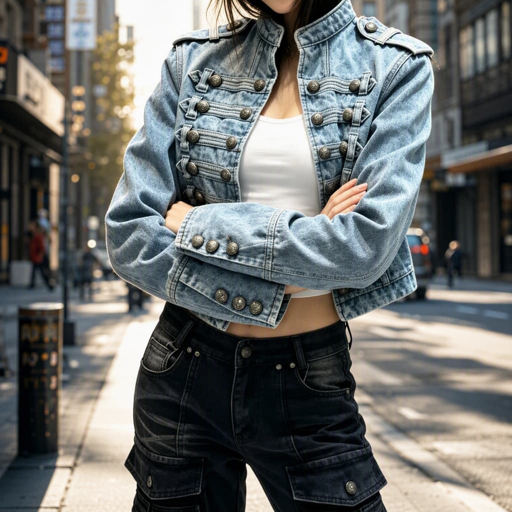 Women's Korean Dongdaemun High-End New Arrival Court Style Ribbed Decorative Button Design Strap Washed Denim Top