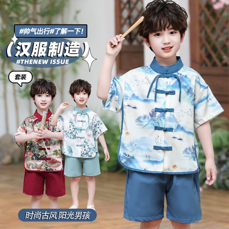Children's Thin New Style Holiday Performance Outfit, Boys and Girls Tang Suit Hanfu Chinese Style Ancient Costume Set Ethnic Clothing