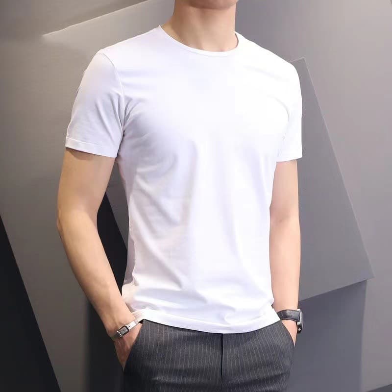 Men's Pure White Short Sleeve T-Shirt Summer Workout Undershirt Slim Fit Social Tight Tee